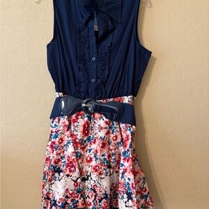 bailey blue Navy Ruffle Bodice Floral A-Line Dress with Belt
